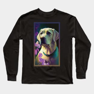 Labrador Retriever Dog Vibrant Tropical Flower Tall Digital Oil Painting Portrait 2 Long Sleeve T-Shirt